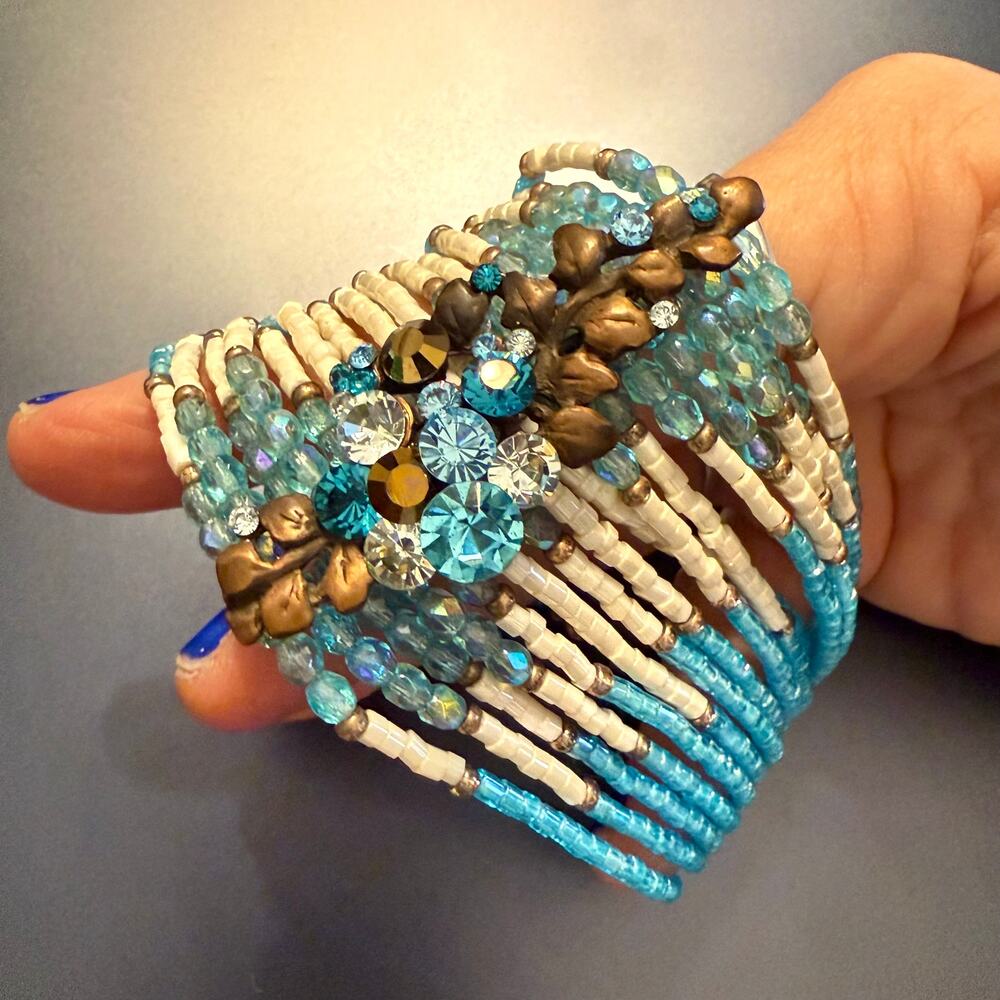 Blue & White Crystal Seed Bead Artisan Wrap Bracelet